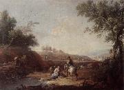 Giuseppe Zais An italianate landscape with fishermen and travellers resting beside a pool oil